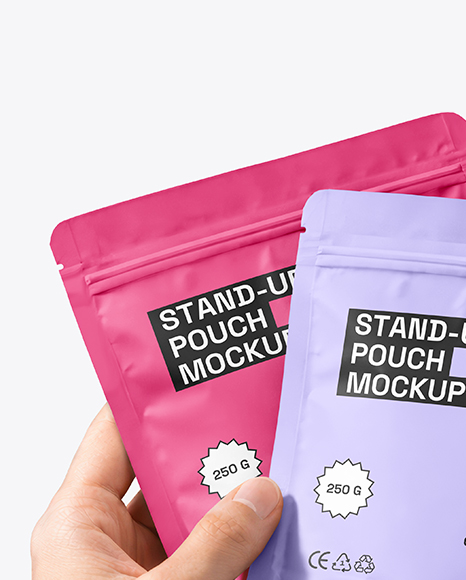 Two Matte Stand-Up Pouch in Hands Mockup