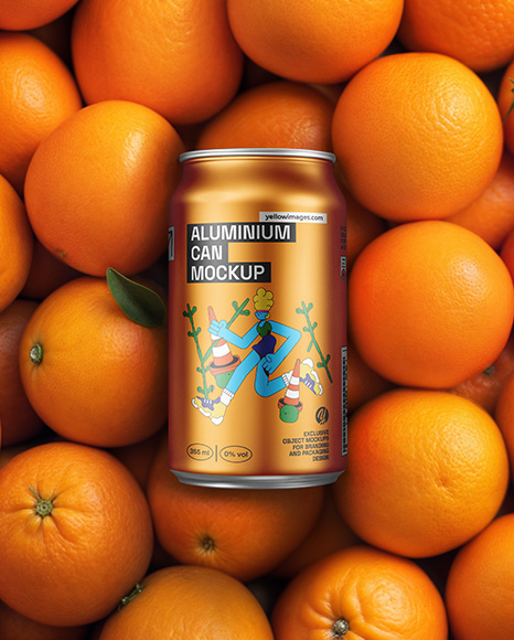 12oz Drink Can on a Stack of Oranges Mockup
