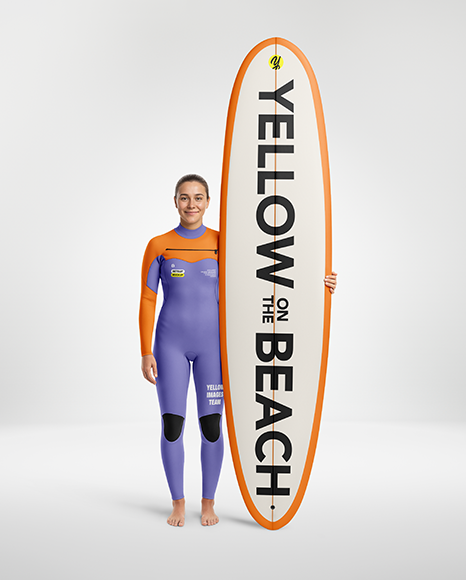 Female Surfer in a Wetsuit with a Longboard Mockup