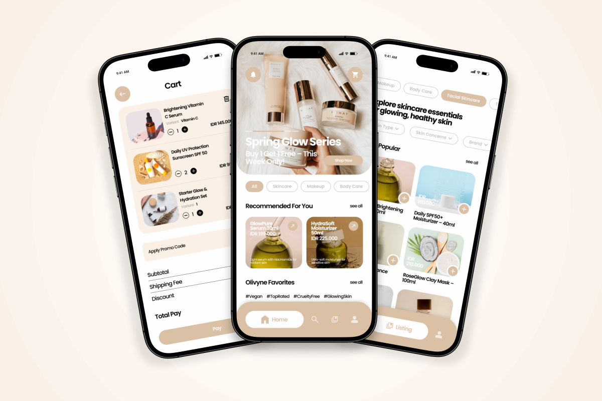 Olivyne – Cosmetic Shop Mobile App UI Design Template