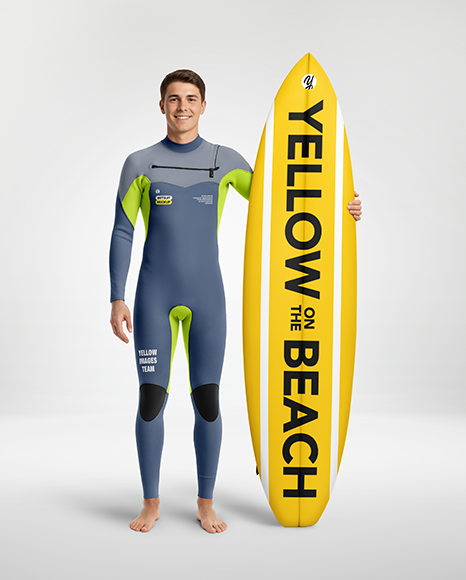 Surfer Wearing Wetsuit with Shortboard Mockup