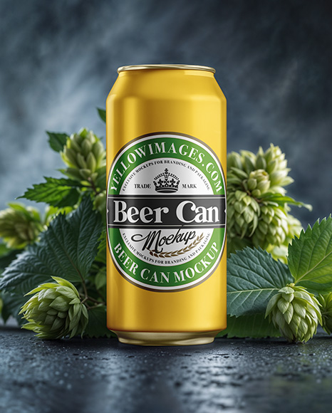 Beer Can Surrounded by Hops Branches Mockup