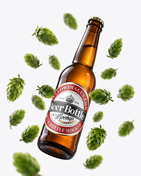 Amber Glass Beer Bottle with Fresh Hops Mockup