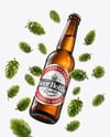 Amber Glass Beer Bottle with Fresh Hops Mockup