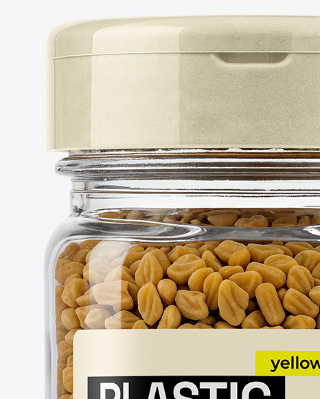 Square Plastic Jar with Fenugreek Seeds Mockup