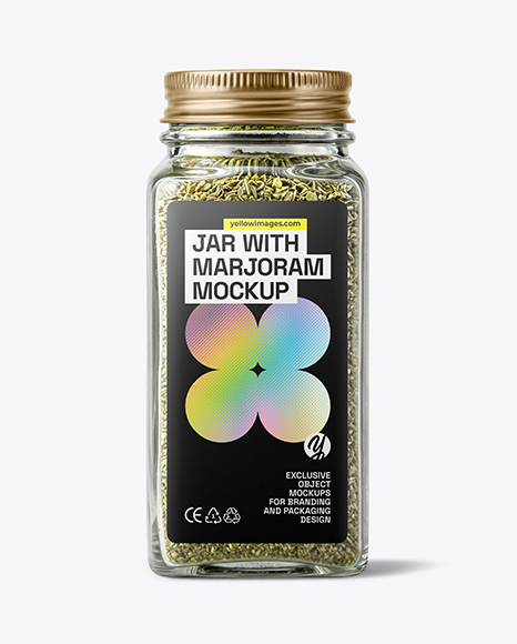 Square Glass Jar with Marjoram Spice Mockup - Seasoning mockup
