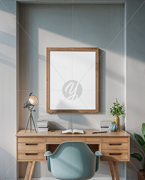 Wooden Framed Poster in a Cozy Workspace Mockup