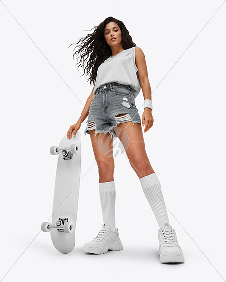 Woman Wearing Sleeveless Shirt and Jean Shorts with Skateboard Mockup