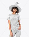 Young Woman Wearing Witch Hat, T-shirt & Pants Mockup
