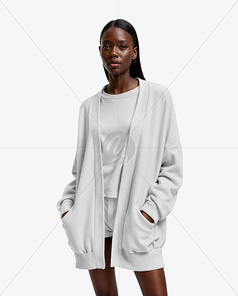 Young Black Woman Wearing Cardigan and T-shirt Mockup
