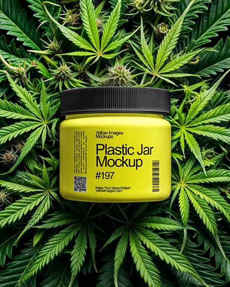 Plastic Supplements Jar on a Hemp Leaves Mockup - Plastic cup mockup
