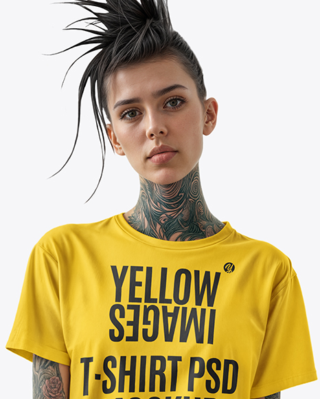 Woman with Tattoo Wearing T-shirt and Ripped Jeans Mockup