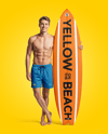 Young Man Wearing Shorts and Holding Surfboard Mockup