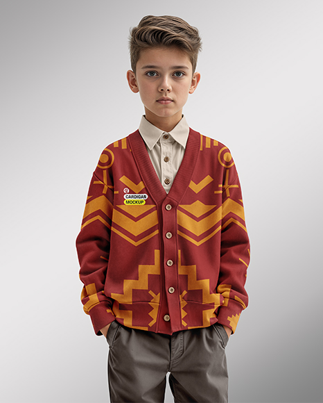 Young Boy Wearing Cardigan and Shirt Mockup