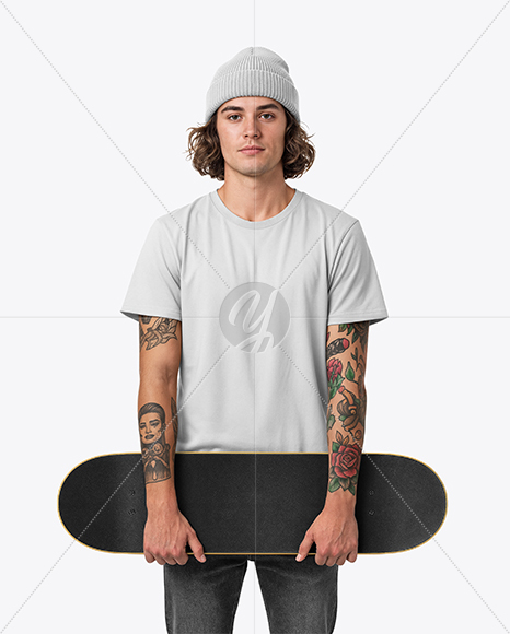Man Wearing T-Shirt and Beanie Holding Skateboard Mockup