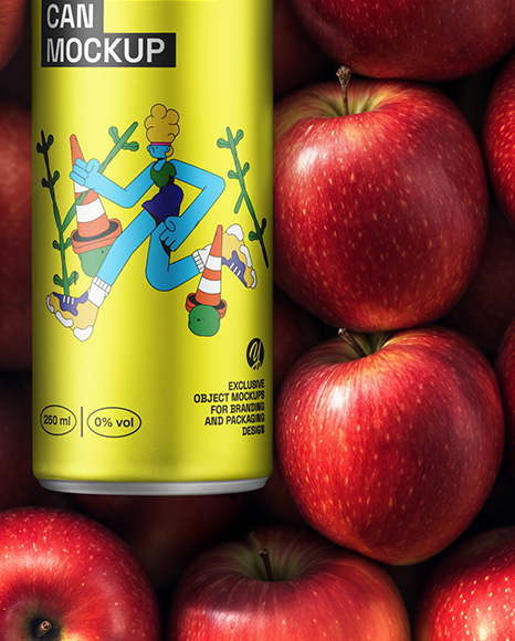 8.5oz Slim Drink Can on a Stack of Red Apples Mockup