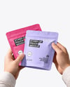 Two Matte Stand-Up Pouch in Hands Mockup