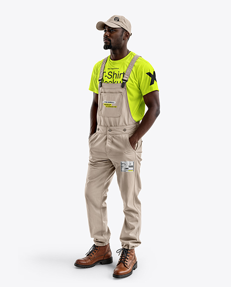 Afro-American Man Wearing a Bib Overalls and T-Shirt Mockup - Black+baseball+cap+for+mockup+|+Premium+PSD+File