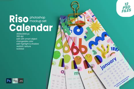 Risograph Print Paper Calendar PSD Mockup Pack - Stationery Mockups