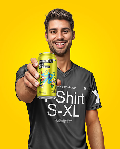 Man Wearing a T-shirt Holding 16oz Drink Can Mockup