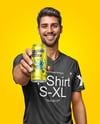 Man Wearing a T-shirt Holding 16oz Drink Can Mockup