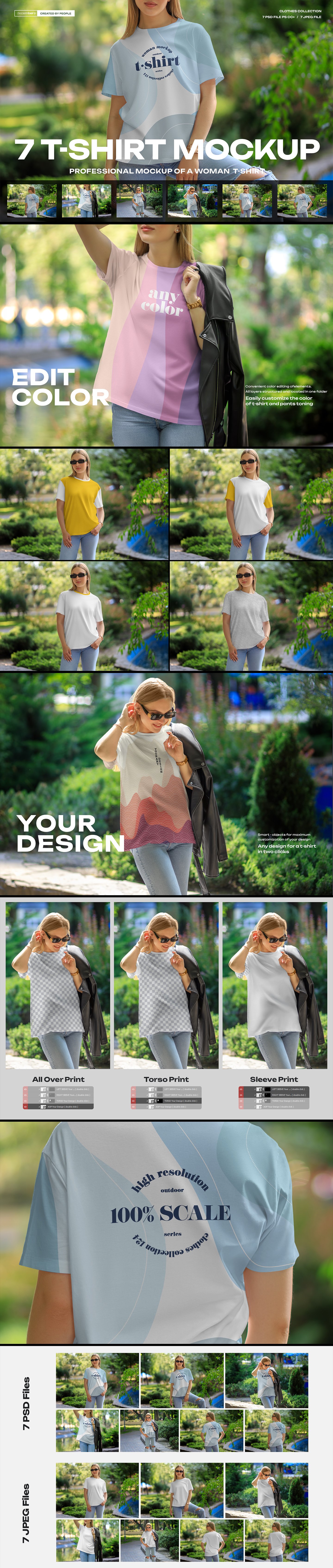 7 Mockups T-Shirt on a Girl Walking in the Outdoor. vol 06