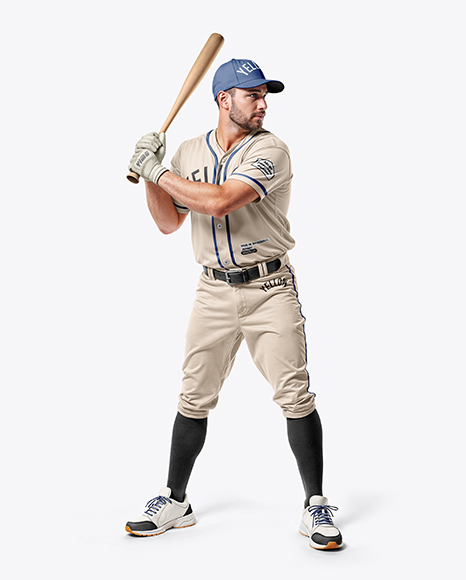 A Man Wearing a Full Baseball Kit with Bat Mockup - Mens+Baseball+Jersey+Mockup+HalfsideView+Download+...