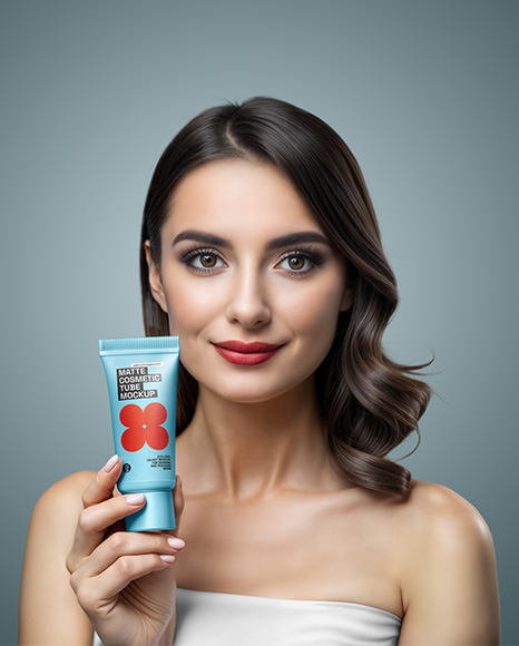 Woman Holding Matte Cosmetic Tube in a Hand Mockup - Download+Psd+Mockup+Beauty+Cosmetic+Cream+Eye-+Face+Gel+...