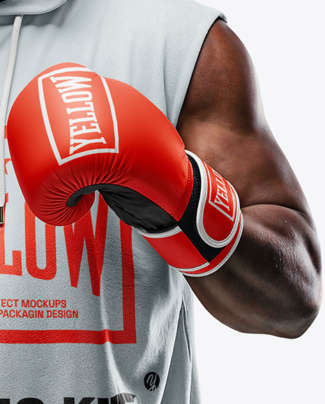 Black Man Wearing Boxing Sleeveless Hooded Shirt and Shorts Mockup