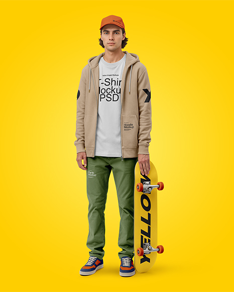 Young Man Wearing Hoodie and Holding Skateboard Mockup
