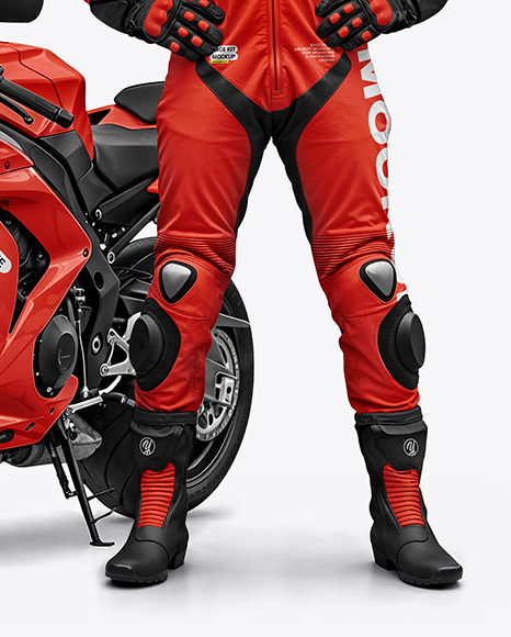 Man Wearing Moto Racing Kit with Sport Bike Mockup
