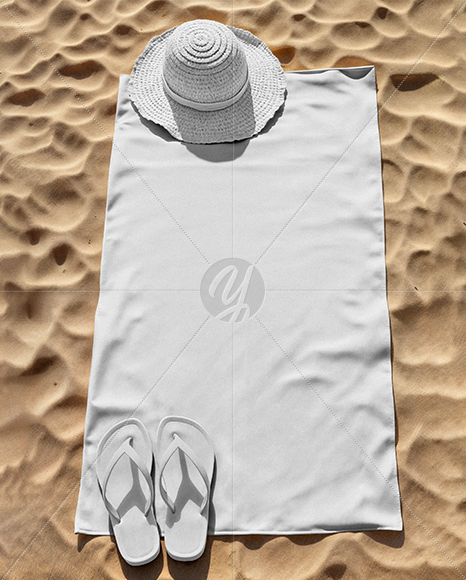 Beach Blanket with Straw Hat and Flip-Flops Mockup