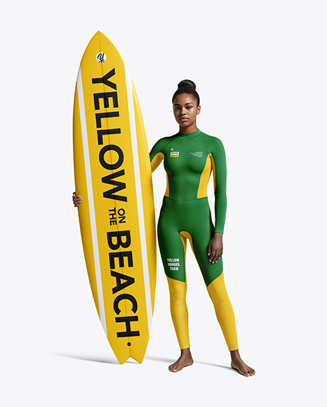Female Surfer in a Wetsuit with a Surfboard Mockup
