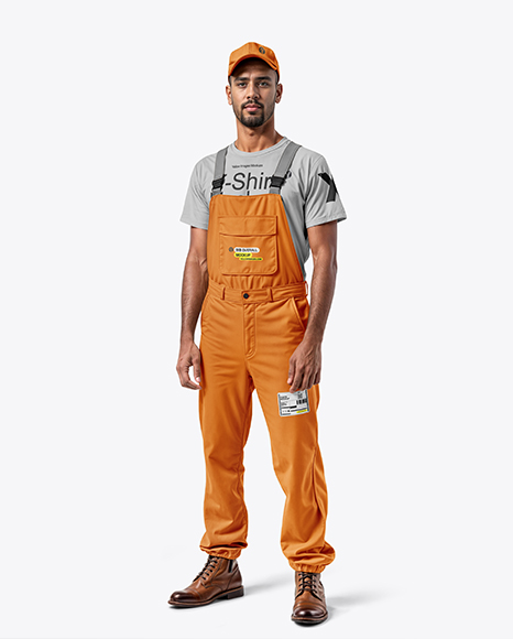 Man Wearing a Bib Overalls and T-Shirt Mockup