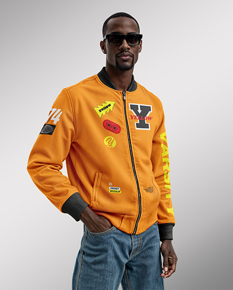 Black Man Wearing Bomber Jacket and Jeans Mockup