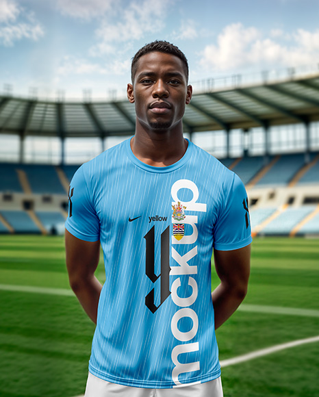 Soccer Player Wearing a Crew Neck Jersey and Shorts at the Stadium Mockup