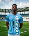 Soccer Player Wearing a Crew Neck Jersey and Shorts at the Stadium Mockup
