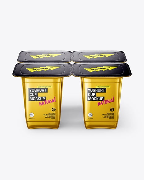 4 Metallized Plastic Yoghurt Cups Mockup