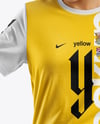 Female Soccer Player Wearing Jersey and Shorts Mockup