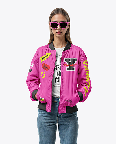 Woman in Sunglasses Wearing Bomber Jacket and Jeans Mockup - Sunglasses+Mockup+-+Top+View+in+Apparel+Mockups+on+Yellow+...