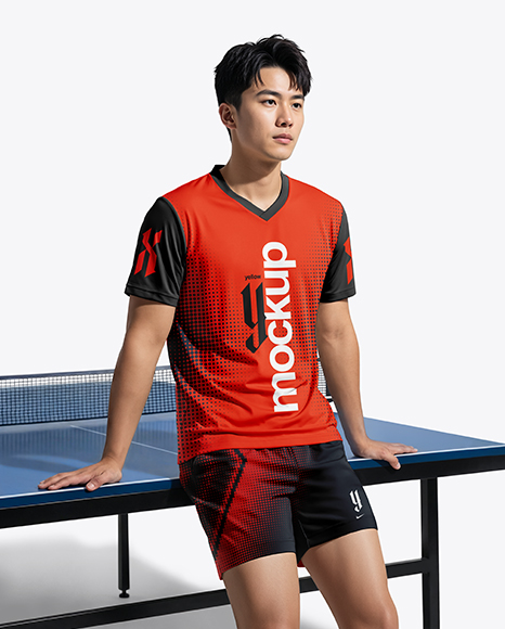 Man Wearing Table Tennis Uniform Mockup - Children's+Uniform+Mockup