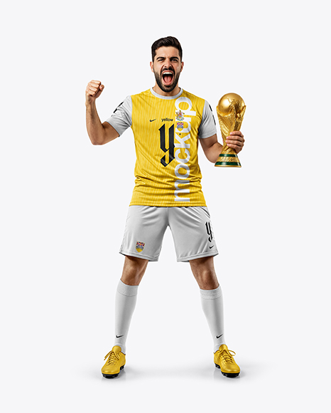 Man Wearing Soccer Jersey and Shorts Holds Cup Mockup - Jersey t shirt mockup