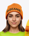 Woman Wearing T-shirt and Beanie Hat with Skateboard Mockup