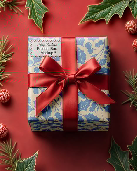 Square Gift Box with Red Bow Mockup - Textured+Gift+Box+With+Apple+iPhone+X+Mockup+-+Top+View+in+...