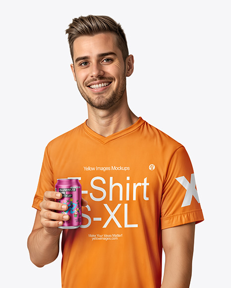 Man Wearing a T-shirt Holding 12oz Drink Can Mockup - Metal can mockup