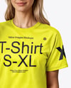 Woman Wearing a T-shirt Holding 16oz Drink Can Mockup
