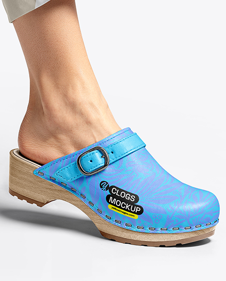 Pair of Clogs on Woman's Legs Sitting on Stool Mockup