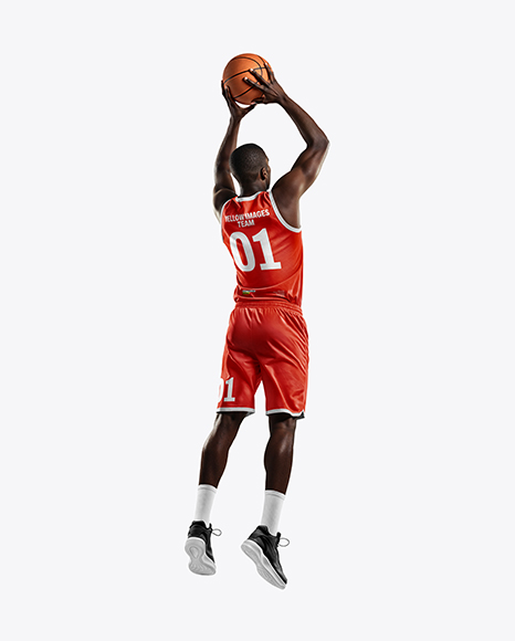 Basketball Player Wearing Jersey and Shorts Throwing Basketball Mockup - Mens+V-Neck+Basketball+Jersey+Mockup+Back+View+(PSD+...