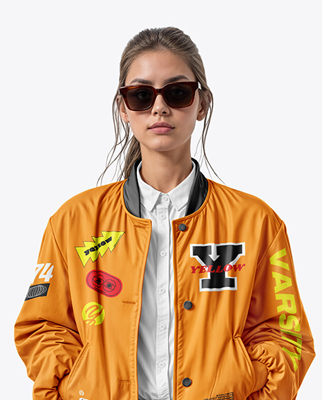 Woman in Sunglasses Wearing Bomber Jacket and Jeans Mockup