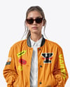 Woman in Sunglasses Wearing Bomber Jacket and Jeans Mockup